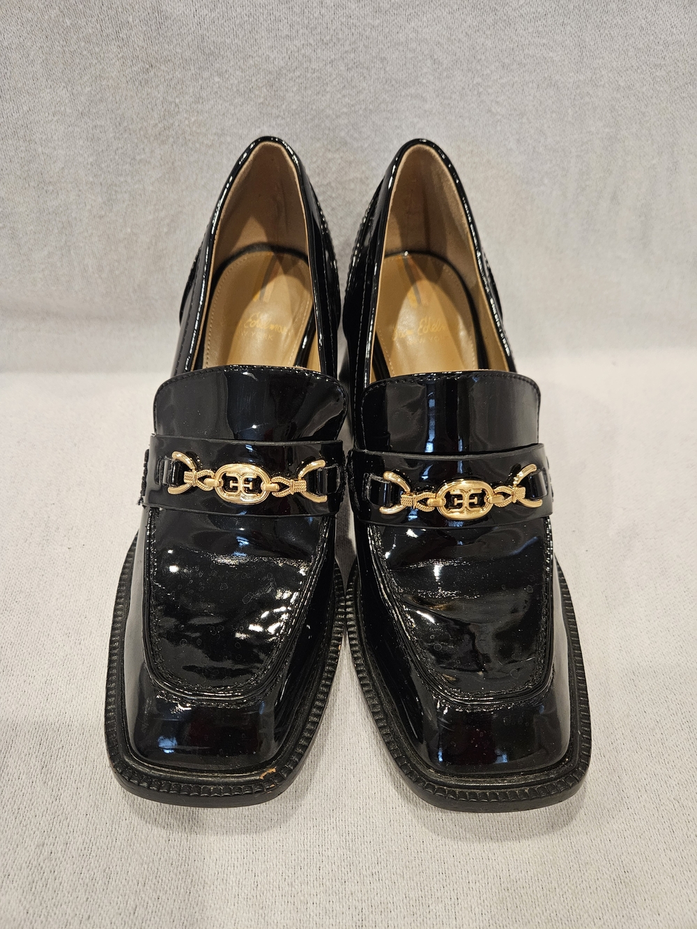 Sam Edelman Quincy Black Patent Block Heel Loafers with Gold Chain 8 - Picture 10 of 10